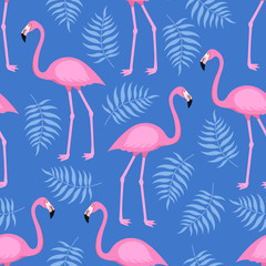 Seamless trendy tropical pattern with pink flamingo birds and tropic areca leaves, summer background. Vector illustration - obrazy, fototapety, plakaty