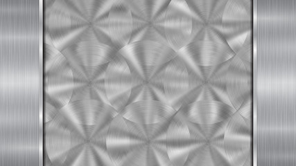 Fototapeta premium Background in silver and gray colors, consisting of a shiny metallic surface and two vertical polished plates located left and right, with a metal texture, glares and burnished edges