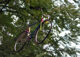 Fototapeta na wymiar Multi-colored bicycle hanging in the air among the trees in the park