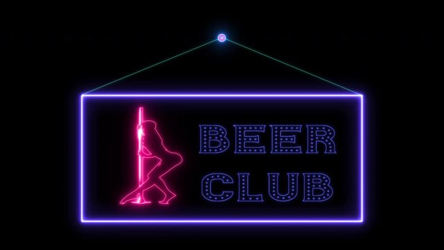 Hangtag Beer club neon sign fluorescent light glowing on signboard. Hanging notice tag Beer club by neon lights. The best stock of animation door notice neon flickering, flash in dark night