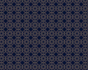 Vector - Arabic pattern background. Geometric seamless muslim ornament backdrop. Vector illustration of islamic texture. Traditional arabic decor on dark blue background and gold ornament