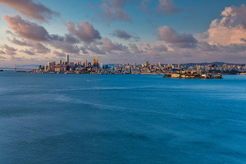 Sunrise view of San Francisco as seen from Angel Island in the bay
