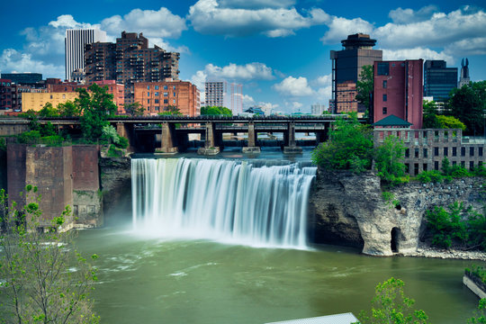 High Falls district in Rochester New York under cloudy summer skies