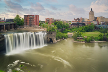 High Falls district in Rochester New York under cloudy summer skies - 318102762