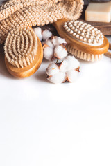 Natural brushes made of wood and soap on the background of concrete, bamboo toothbrushes PNOV2019