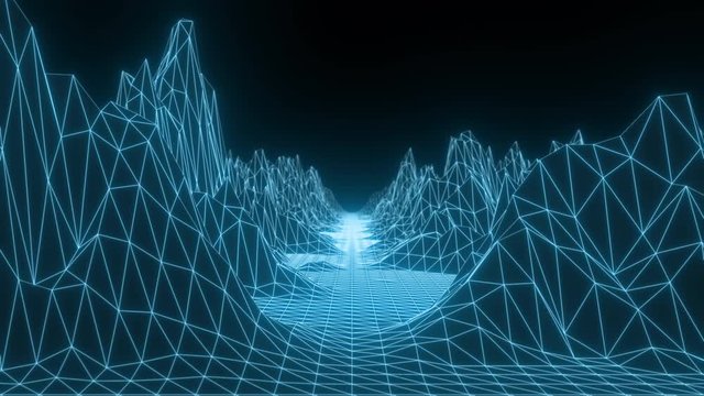 Retro wireframe lowpoly futuristic landscape background. Cyberspace grid loopeable footage