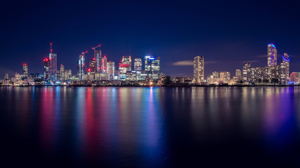 Night Time Skyline View of Modern Business District Canary Wharf in London