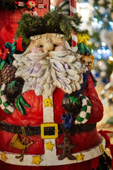 Wood Carved Santa Statue Art in Christmas Holiday Season