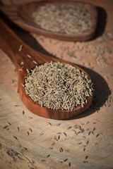 Cumin seeds in wooden spoon on wooden background
