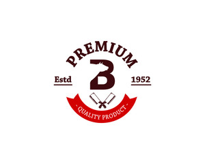 Initial Alphabet Letter  Butchery Shop Logo Design Template Cow and meat cleaver knife vector design