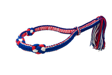 Mongkol with stripes, red, white, blue, are isolated on white background, using by Muay Thai athletes, is a headband with a long - tailed at the back.
