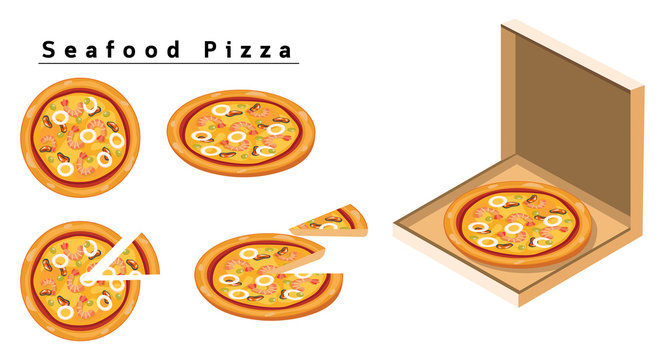 Seafood Pizza,box of pizza, isometric pizza, slice of pizza.