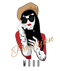 Fototapeta premium Parisian mood. Vector hand drawn illustration of girl with fringe nad smartphone isolated. Template for card, poster, banner, print for t-shirt, pin, badge, patch.