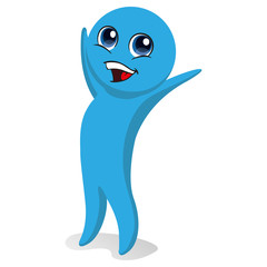 Blue color mascot illustration, with celebrating pose, arms up. Ideal for catalogs, newsletters and institutional material