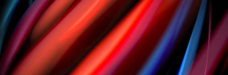 Silk and smooth flow wave poster design. Color waves, liquid style lines and shapes in black color background