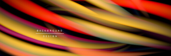 Сolorful flow poster. Wave liquid lines and shapes in black color background. Vector Illustration