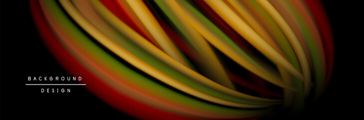 Сolorful flow poster. Wave liquid lines and shapes in black color background. Vector Illustration