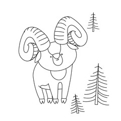 a young cute horned argali male in the forest, simple decorative ornament, vector illustration with black contour lines isolated on a white background in Scandinavian and hand drawn style