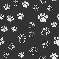 Dog paw doodles seamless pattern. Doggie love background. Puppy cute footprints.