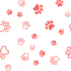 Dog paw doodles seamless pattern. Doggie love background. Puppy cute footprints.