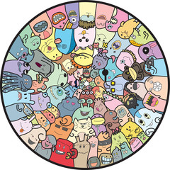 Fototapeta premium Funny monsters circle shape pattern for coloring book. illustration