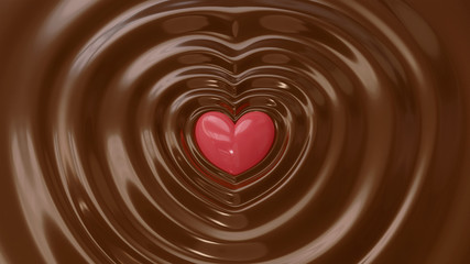 液体のチョコレートに埋もれるハート型のチョコレート。愛、バレンタインのコンセプト。
