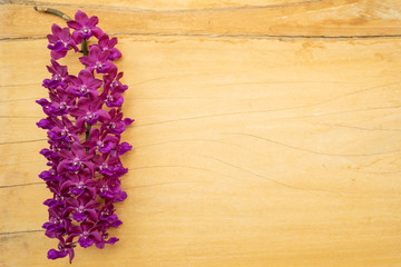 Bouquet blossom Rhynchostylis isolated on textured wooden background.