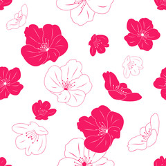 Hand drawn deep pink and white cherry blossom background. Japanese sakura pattern background. Asian springtime floral background. Great for wallpaper, gifts, textile, wedding or valentine's day card.