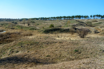 Beautiful spring landscape: trees, forest, mountains, hills, fields, meadows and blue sky.