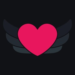 Love heart with wings icon. Romantic love heart isolated on minimal black background. Valentine sign symbol shape. Vector illustration.