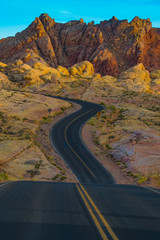 interesting road winds towards a vibrant desert landscape at sunrise sunset