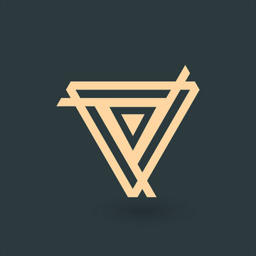 Creative gold trinity futuristic Triple triangle symbol design for company logo. Corporate tech geometric identity concept. Stock Vector illustration isolated on green background.