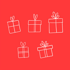 Valentine's day gift boxes, hand drawn illustration. Present packaging with ribbon doodles.