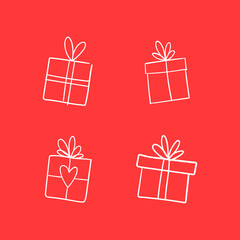 Valentine's day gift boxes, hand drawn illustration. Present packaging with ribbon doodles.
