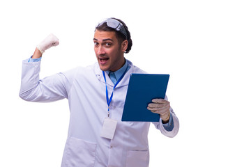 Young male doctor with notes isolated on white