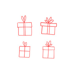 Valentine's day gift boxes, hand drawn illustration. Present packaging with ribbon doodles.