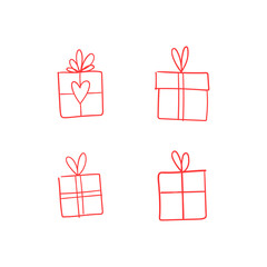 Valentine's day gift boxes, hand drawn illustration. Present packaging with ribbon doodles.