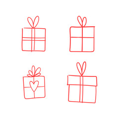 Valentine's day gift boxes, hand drawn illustration. Present packaging with ribbon doodles.