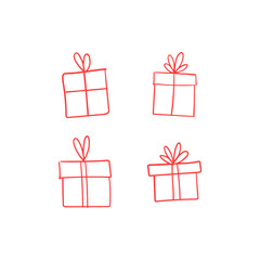 Valentine's day gift boxes, hand drawn illustration. Present packaging with ribbon doodles.