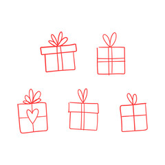 Valentine's day gift boxes, hand drawn illustration. Present packaging with ribbon doodles.