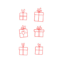 Valentine's day gift boxes, hand drawn illustration. Present packaging with ribbon doodles.