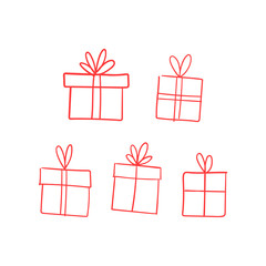 Valentine's day gift boxes, hand drawn illustration. Present packaging with ribbon doodles.