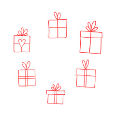 Valentine's day gift boxes, hand drawn illustration. Present packaging with ribbon doodles.
