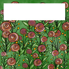 Painted flowers green background. Greeting card with flower for mothers day. Spring floral easter decoration. Roses for Valentines Day.