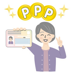 マイナンバーカードを持ってピースしてる高齢女性（ポイント）1