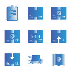 Delivery icon set outline style including checklist, clipboard, note, form, box, carton, package, delivery, logistic, cardboard, fast, car, shipping, gps, location, map, navigation