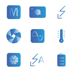 Photo editor icon set include camera, manual, option, device, photo, picture, flash, shutter, histogram, camera-camera, photo filter, temperature, timer, auto, battery, bars, energy, middle