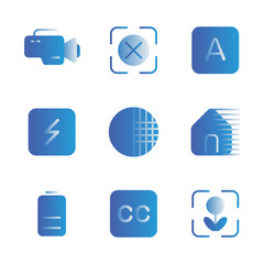 Photo editor icon set include camera, device, video, record, focus, none, auto, optional, flash, option, shade, shadow, contras, photo filter, battery, charge, power, resolution, macro
