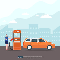 Gas filling station web site template. transport fuel and benzine services, red car and cartoon customer illustration with city background. gasoline, petrol and gas station. vector illustration