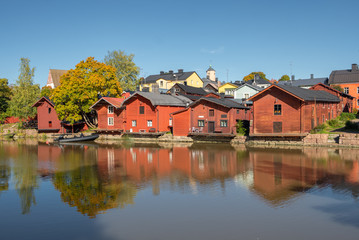 Old wooden red houses in old town of Porvoo, Finland